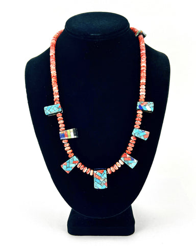 Rolled Spiny Oyster Necklace with Seven Pendants by Charlene Reano