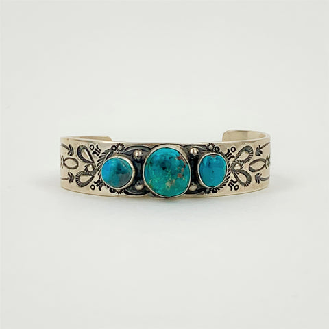 Stamped Sterling Silver & Bisbee Turquoise Bracelet by Jeanette Dale