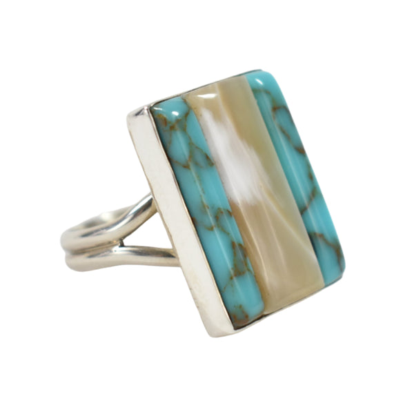 296701 RING: SS Turquoise/MOP, Ben Riggs, Dine`
