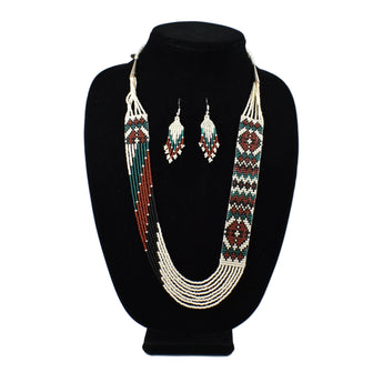 Narrow Fine Beaded White Necklace and Earrings Set