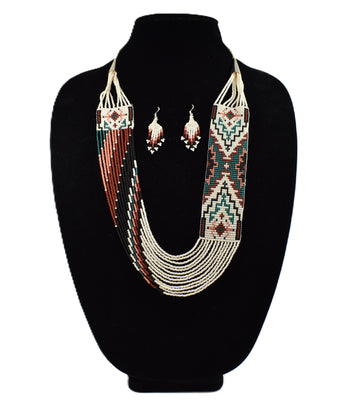 Wide Fine Beaded Necklace and Earring Set