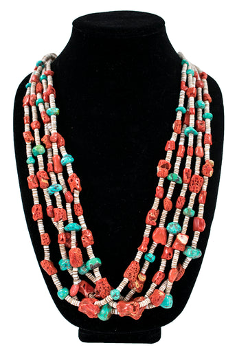 Five-Strand Coral, Fox Turquoise & Heishi Necklace by Nestoria Coriz