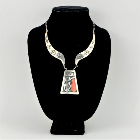 Overlay Bear Necklace with Mediterranean coral pendant by James Selina