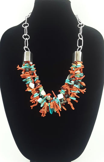 Four Strand Coral & Assorted Stones Necklace by Rodney Coriz