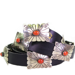 Sterling Silver Stamped Concho Belt with Rectangular Conchas featuring Mediterranean Coral