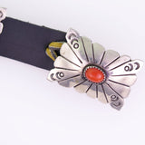 Sterling Silver Stamped Concho Belt with Rectangular Conchas featuring Mediterranean Coral