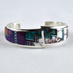 Sterling Silver Turquoise, Sugelite, Whitehorse, & Apple Coral Inlay Cuff