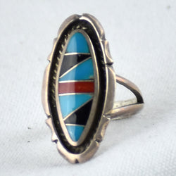 Vintage Oval Channel Coral, Jet, & Turquoise Inlay Ring