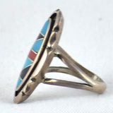 Vintage Oval Channel Coral, Jet, & Turquoise Inlay Ring