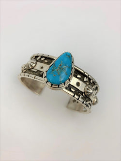 Sterling Applique Bracelet with Candelaria Turquoise by Vernon Begaye